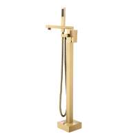 Brushed Gold Floor Mount Brass Freestanding Bathtub Faucet Single Handle Bathroom Standing Tub Faucets with Hand Shower